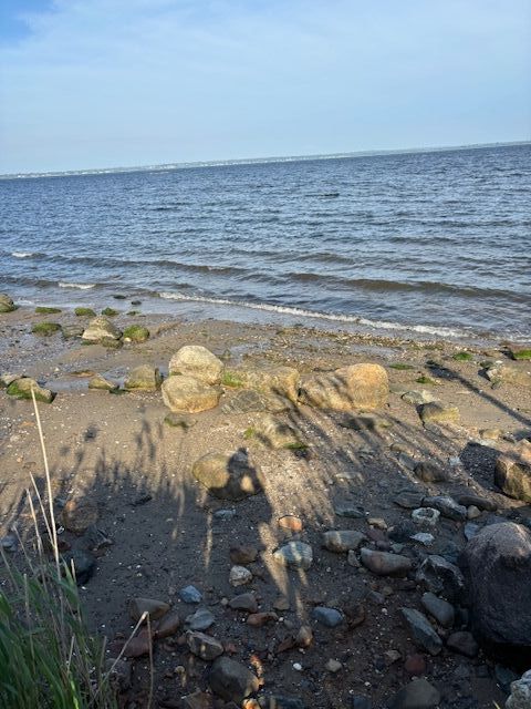 Rocky/sandy shoreline. Sand has been carried away from recent storms